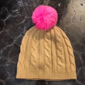 Hot pink + tan puff ball beanie